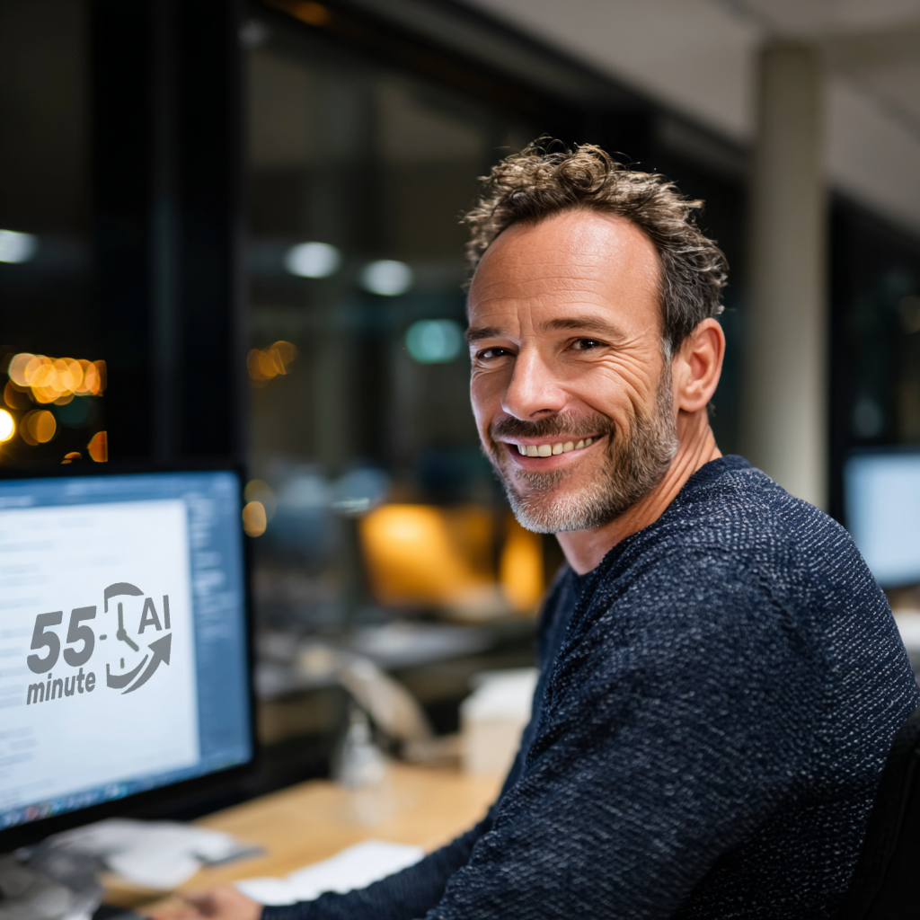 Happy man learning AI on desktop computer