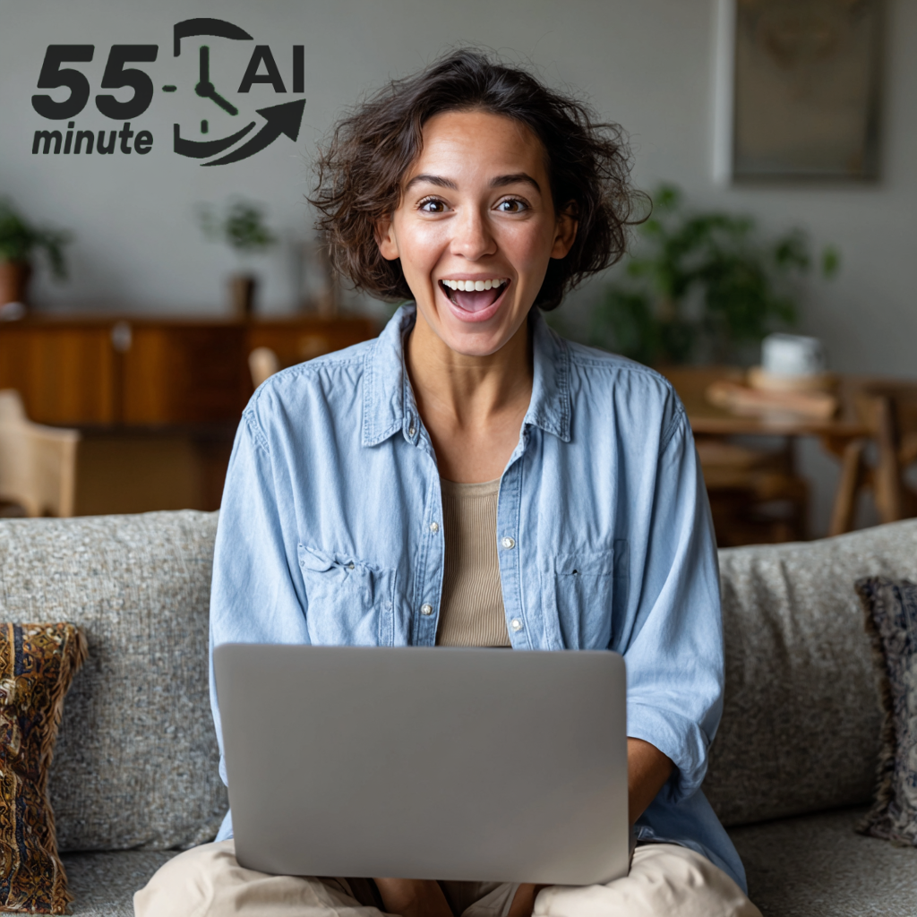 Happy woman learning AI on laptop computer